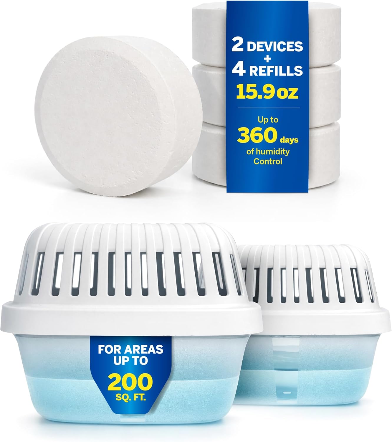 HUMYDRY Moisture Absorber Dehumidifier for Home, Smart Pack of 2 Dehumidifiers of 15.9oz with 4 Refills, No Electricity, Reusable Moisture Absorbers for Bedroom, Kitchen, Safes, RV, Boat, Basements