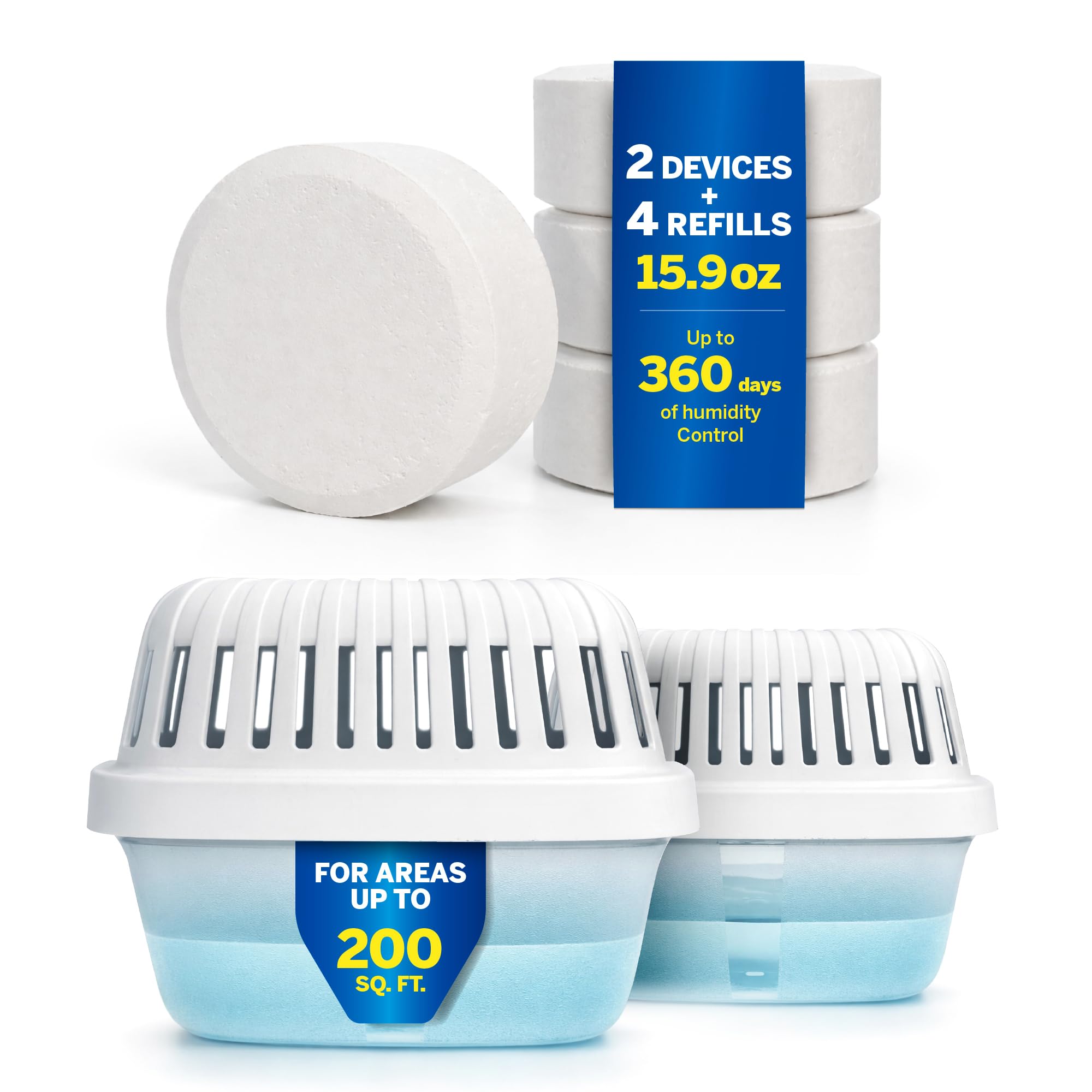 HumyDry - Juego de 2 absorbentes de humedad grandes con 4 recambios de deshumidificadores no eléctricos, ideal como absorbentes de humedad para salas de estar, dormitorios, baños y garajes, tamaño