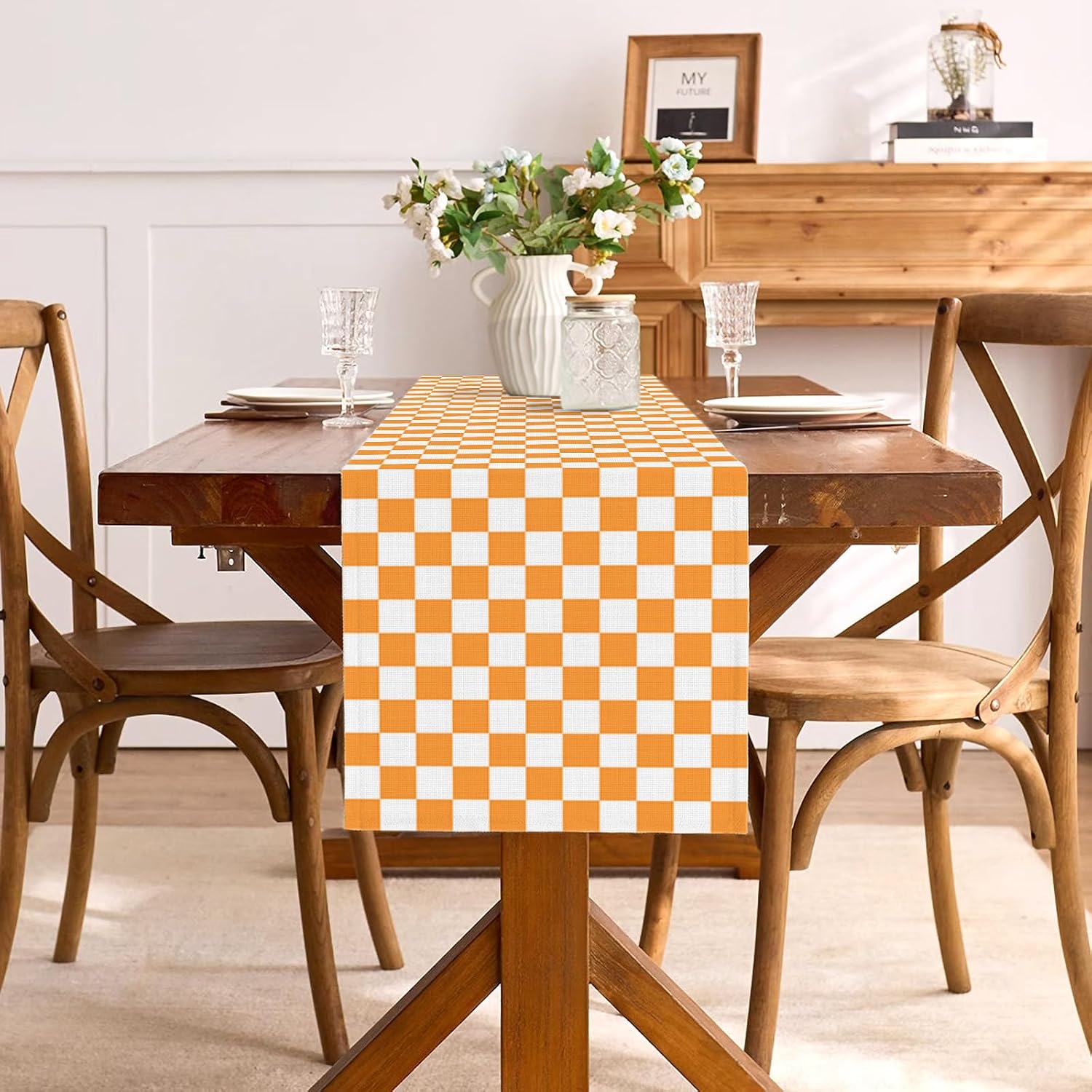 Orange White Checkered Table Runner Fall Thanksgiving Harvest Checkerboard Decoration for Wedding Birthday Bridal Baby Shower Christmas Home Party Kitchen Island Decor 13" x 72"