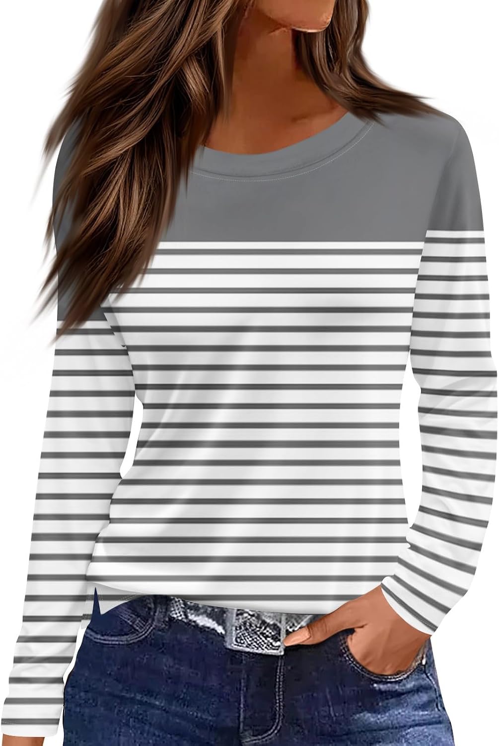 Women's Summer Tops, Long Sleeve Asymmetrical Neck Shirts Loose Fit Casual Basic Blouse, S-3XL