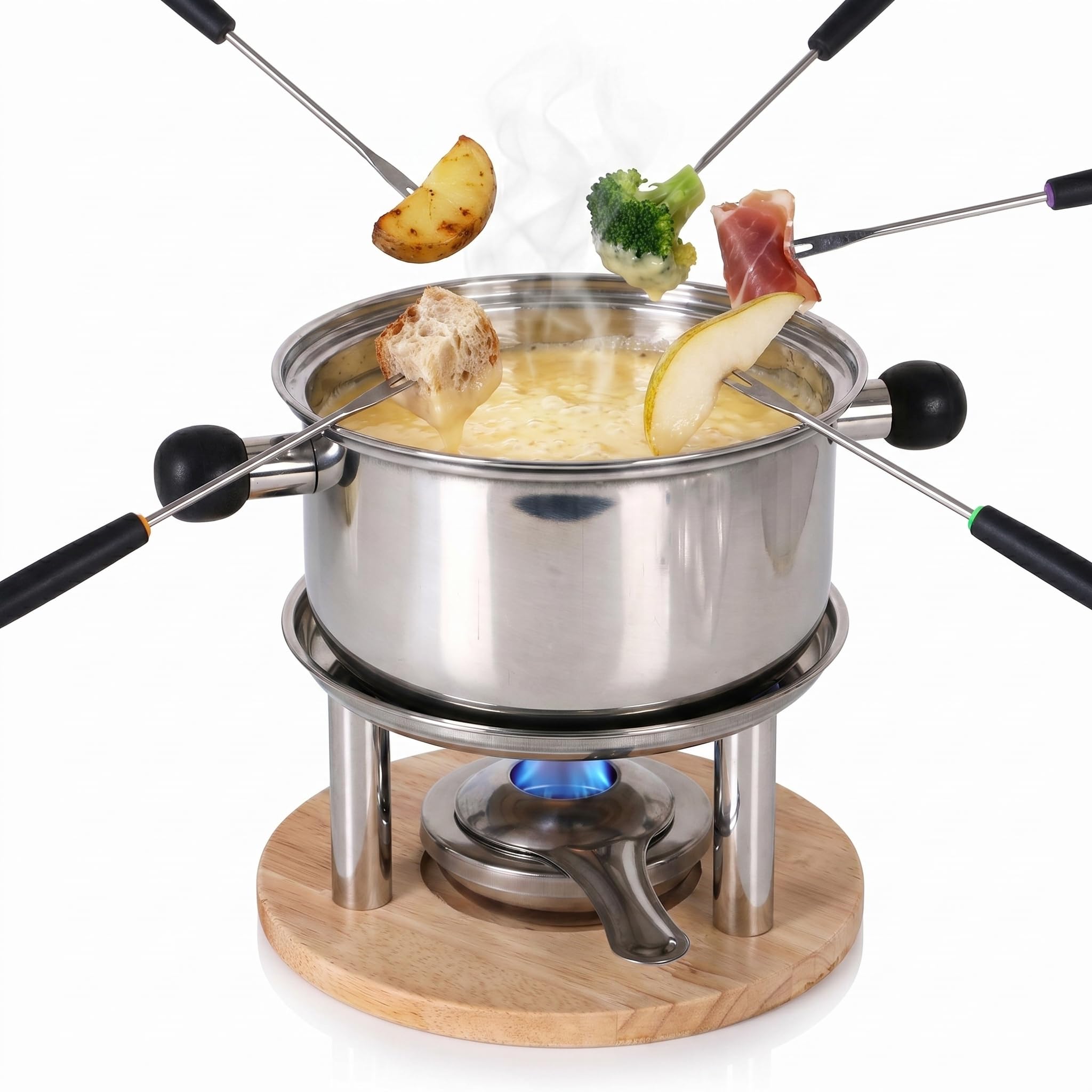 SANTA CLARA | Set de Fondue de Acero Inoxidable para 6 Comensales, Olla con Tapa y Quemador con Soporte, Incluye 6 Tenedores con Marcadores de Color, Ideal para Queso y Chocolate, Menaje de Cocina