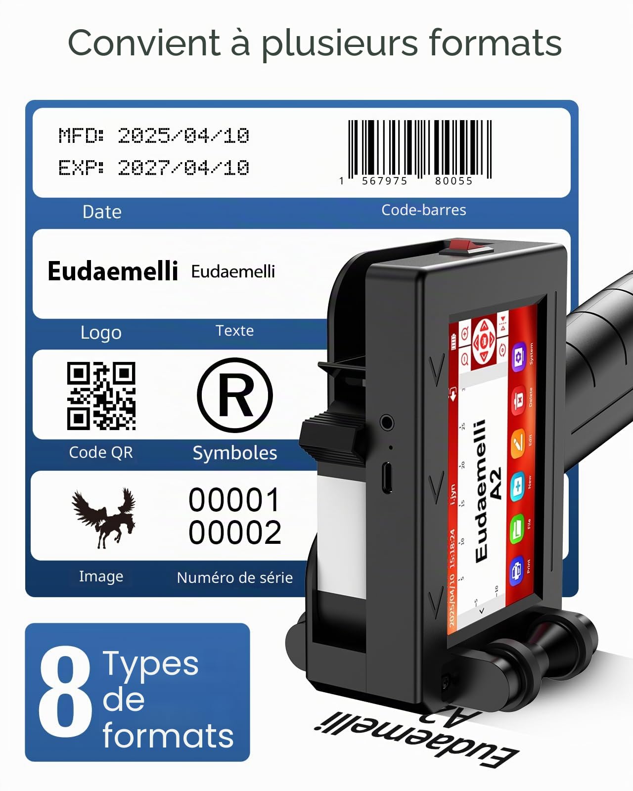 Imprimante à Jet d'encre Portable et Manuelle A2 avec Cartouches d'encre de 42 ML, Capable D'imprimer Codes-Barres, Codes QR, Logos, Dates et Numéros Lot (Hauteur d'impression : 2 à 25,4 mm)