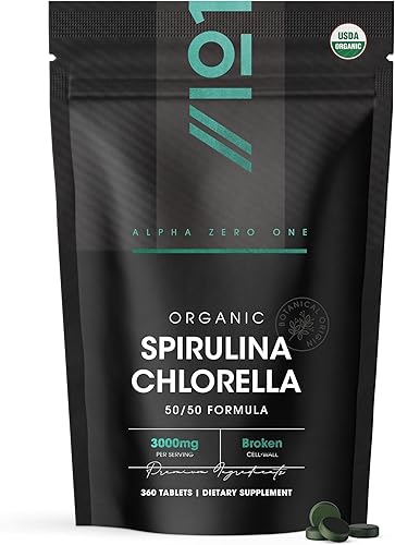 Espirulina orgánica Chlorella tabletas 3000mg  360 unidades  Mezcla 5050 Superalimento  Sin relleno, sin aditivos, pared celular agrietada  Rico en