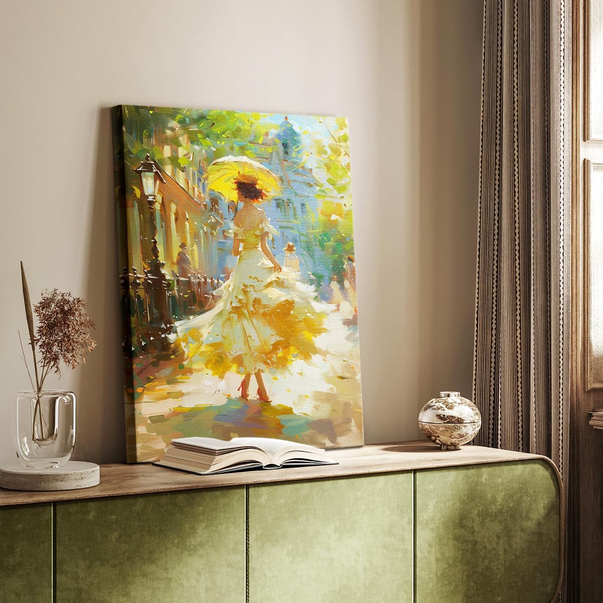 Renditions Gallery Canvas Wall Art Woman in Gorgeous Dress Walking down the Street Holding Umbrella Wall Hanging Prints for Bedroom Office Home Decor - 12" X 18" LT565