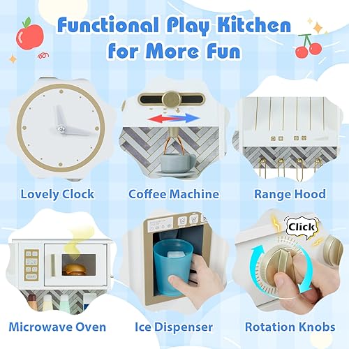 Miniatura 3 de Costzon Juego de cocina para niños, juego de cocina para niños pequeños con estufas, grifo, fregadero, máquina de café, campana extractora, horno