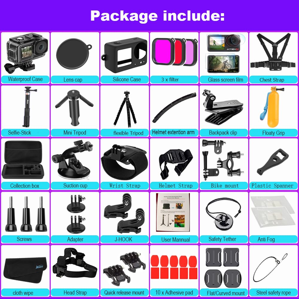Paquete de Accesorios para dji Osmo Action 5 Pro/Action 4/3, Funda Impermeable de Buceo, Carcasa de Silicona, Protector de Pantalla de Vidrio, Kit Completo 60E (Kit1 para dji Osmo Action 5