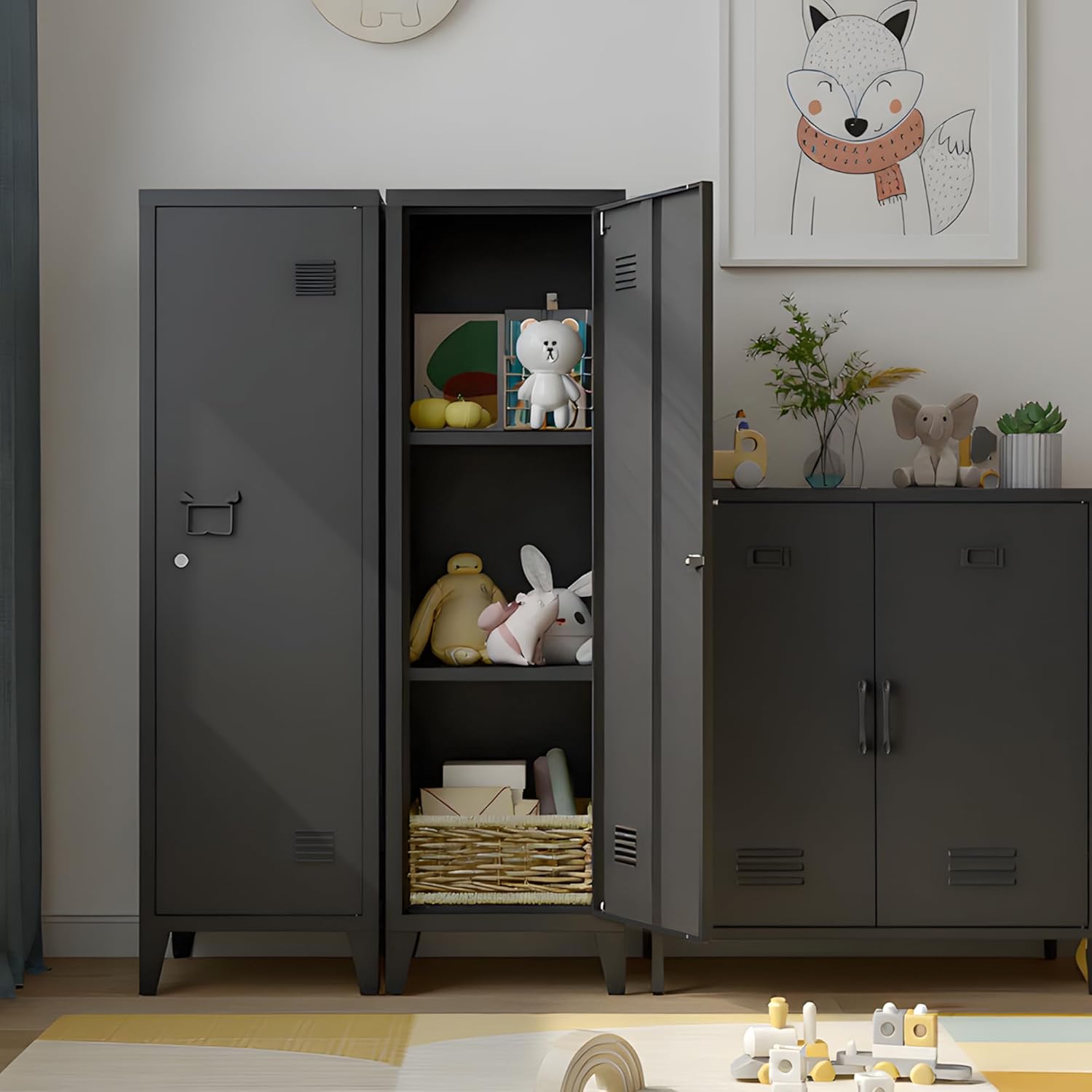 Locking Storage Cabinet Kitchen Pantry Metal Storage Cabinet for Bathroom 50" H Slim Lockable Storage Cabinet with Door and Removable Shelves (Black)