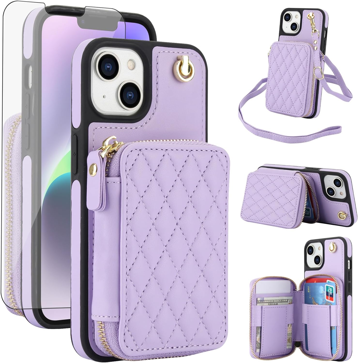Asuwish Phone Case for iPhone 15 6.1 inch Wallet Cell Cover with Tempered Glass Screen Protector Wrist Crossbody Strap Stand RFID Blocking Credit Card Holder i Phone15 i15 15Case Women Girls Purple