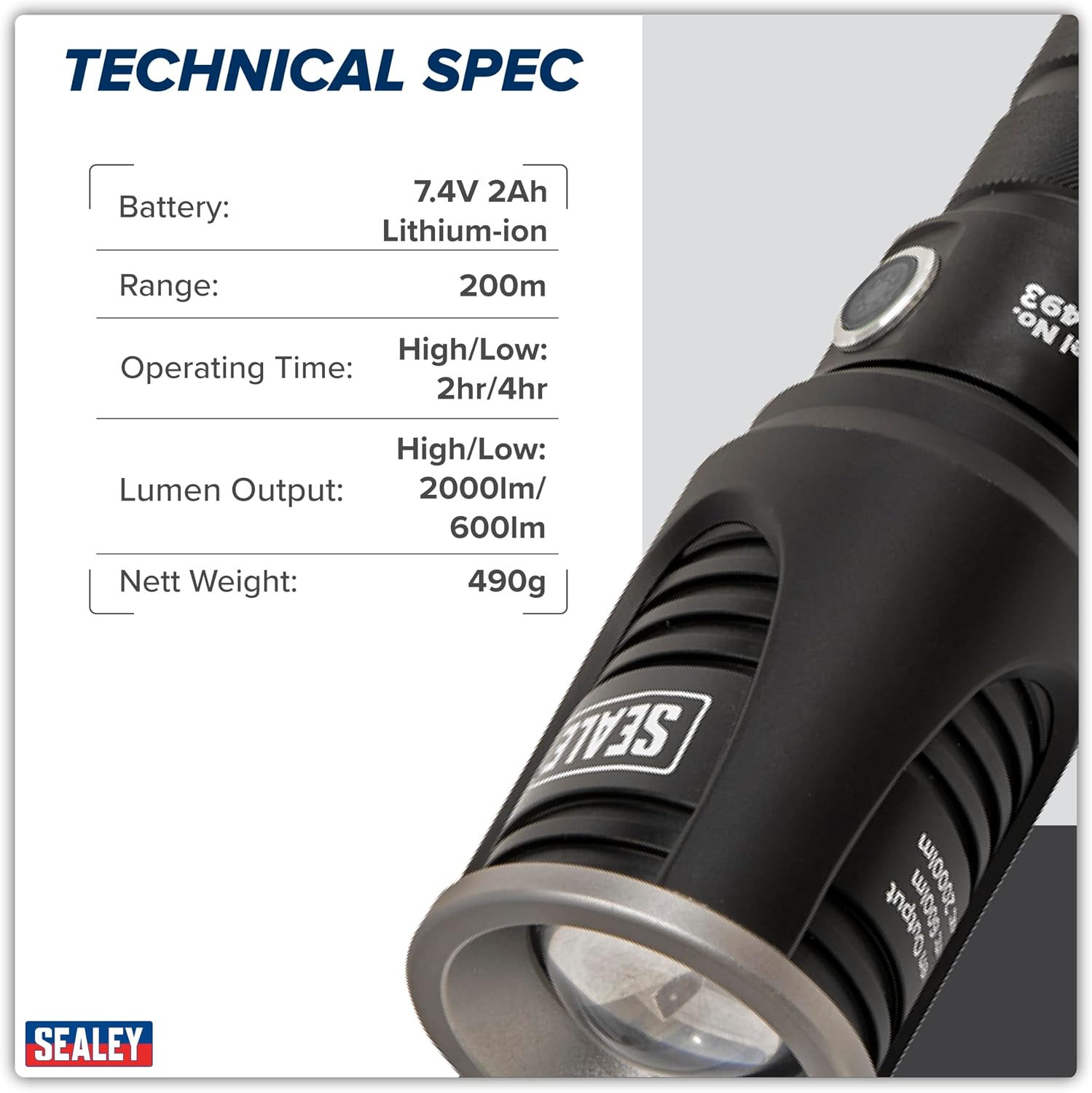 Sealey LED4493 20W CREE XHP50 LED Rechargeable Aluminium Torch - Adjustable Focus