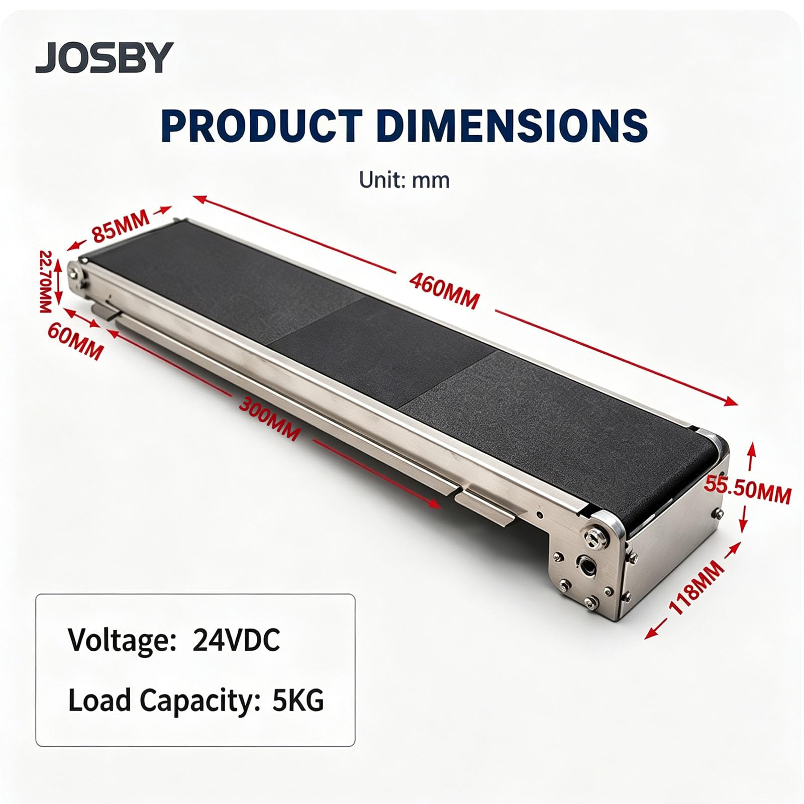 JOSBY Convoyeur Automatique en Acier Inoxydable, 24 V CC, pour Table, Charge Maximale De 5 Kg, Faible Niveau Sonore, Idéal pour Les Chaînes De Montage, Le Tri Demballages Et La Livraison Logistique