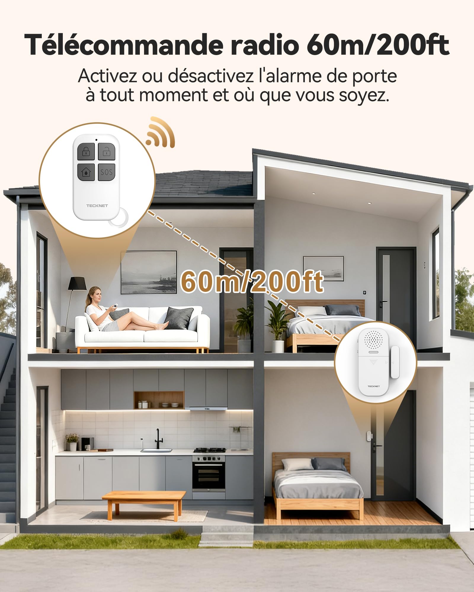 TECKNET Alarme Maison sans Fil, Alarme Porte avec Télécommande, Détecteur Ouverture Porte 4 Modes 5 Niveaux Volume, 2 en 1 Alarme et Sonnette pour Maison, Boutique, Hôtel (2PCS)