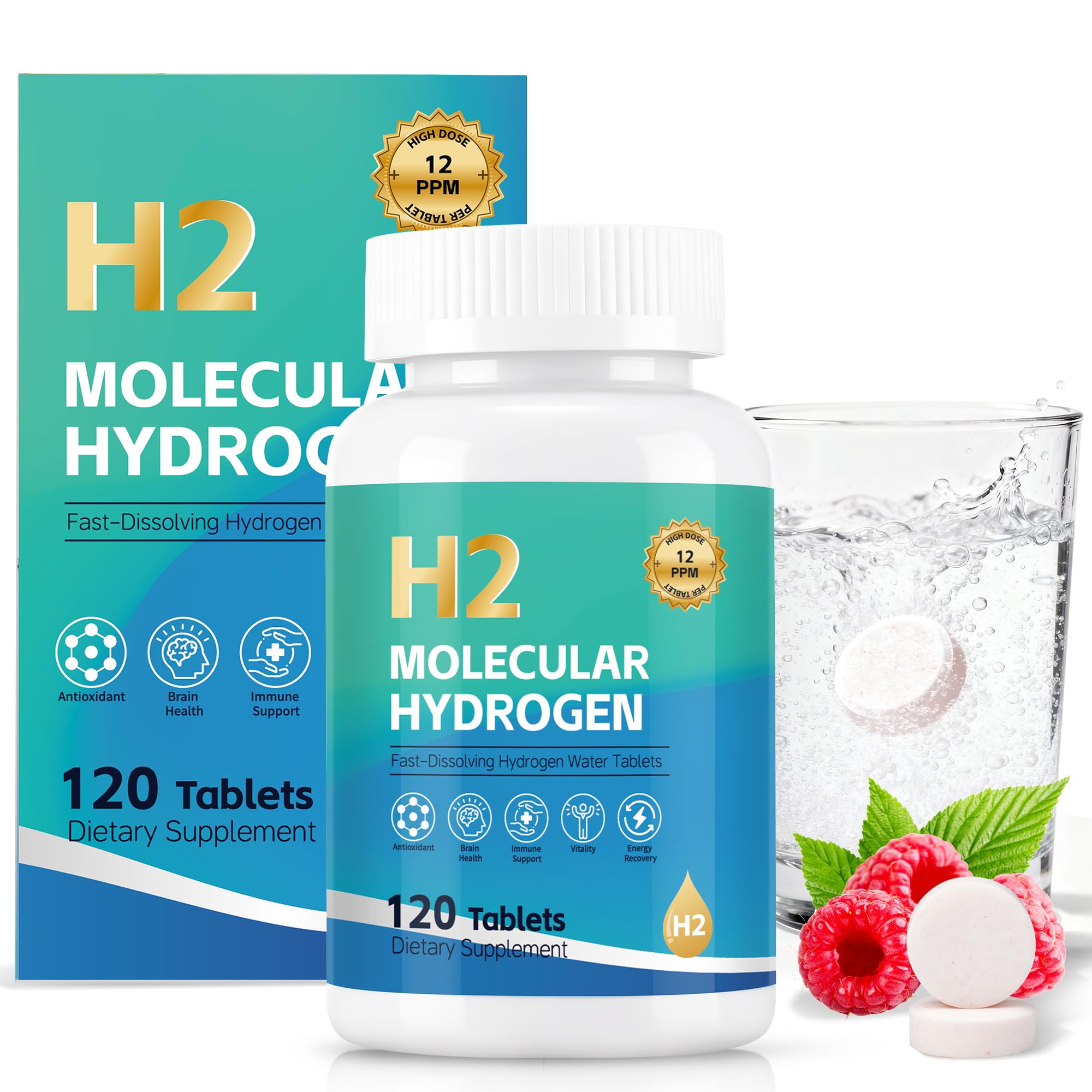 Molecular Hydrogen Water Tablets, 12 PPM H2 Supplement with Magnesium, Raspberry Flavor, Fast-Dissolving H2 Tablets for Water, 120 Tablets