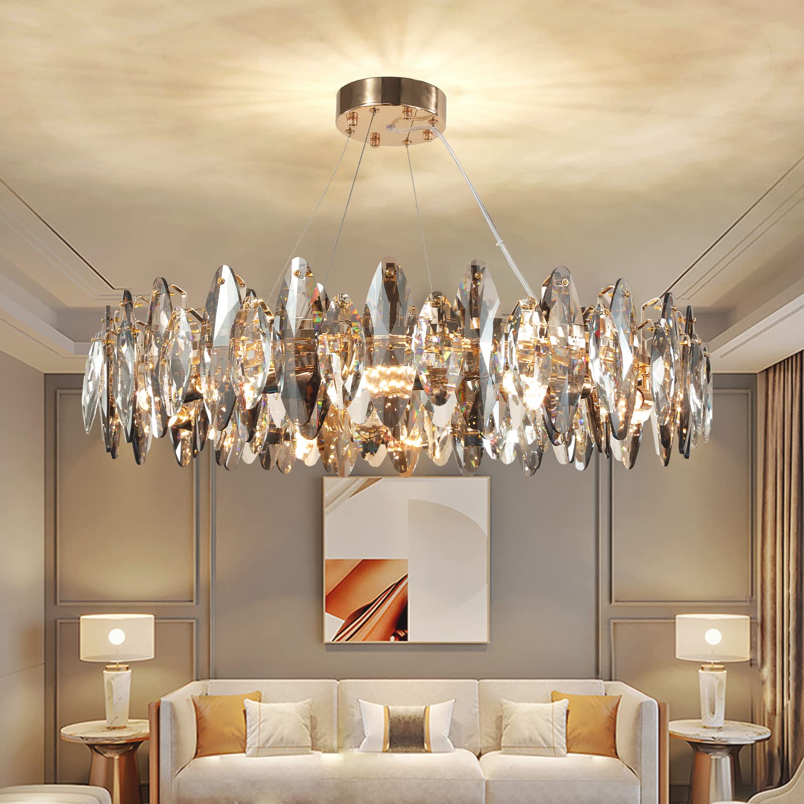 AHXIAOZN Modern LED Kristall Kronleuchter Luxus,Funkelnder Eiförmiger Kristall Deckenleuchte Gold,8xE14 Wohnzimmer Pendelleuchte,8-Flammig