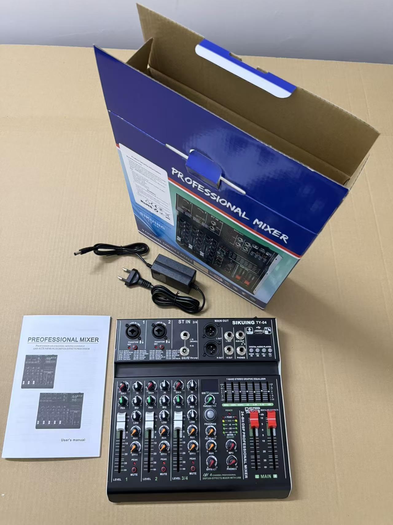 Mezclador de Audio Portátil de 4 Canales,320 Efectos DSP, Ecualizador de 7 Bandas,Bluetooth,Alimentación Phantom +48V,USB para Grabación en PC,Karaoke,Streaming en Vivo y Reproducción de Audio