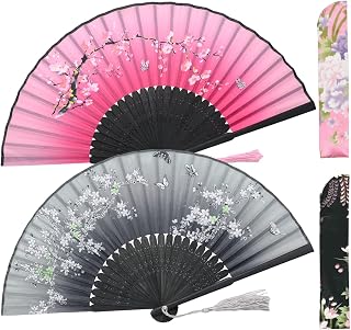 Small Folding Hand Fans for Women -Chinese Japanese 6pcs Vintage Bamboo Silk Fans - for Dance, Music Festival, Wedding, Party, Decorations,Gift.(Pink Sakura & Black Sakura)