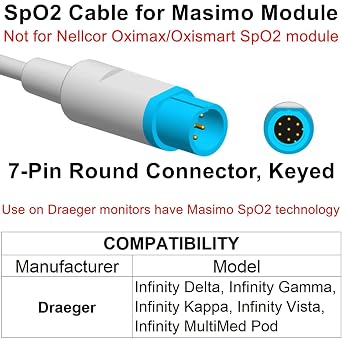 skmeditec 7.2FT SpO2 Adapter Cable Compatible with Draeger for Masimo Module, Reusable SpO2 Sensor Extension Cord with 7-Pin Monitor Connector + RD Set Probe Connector