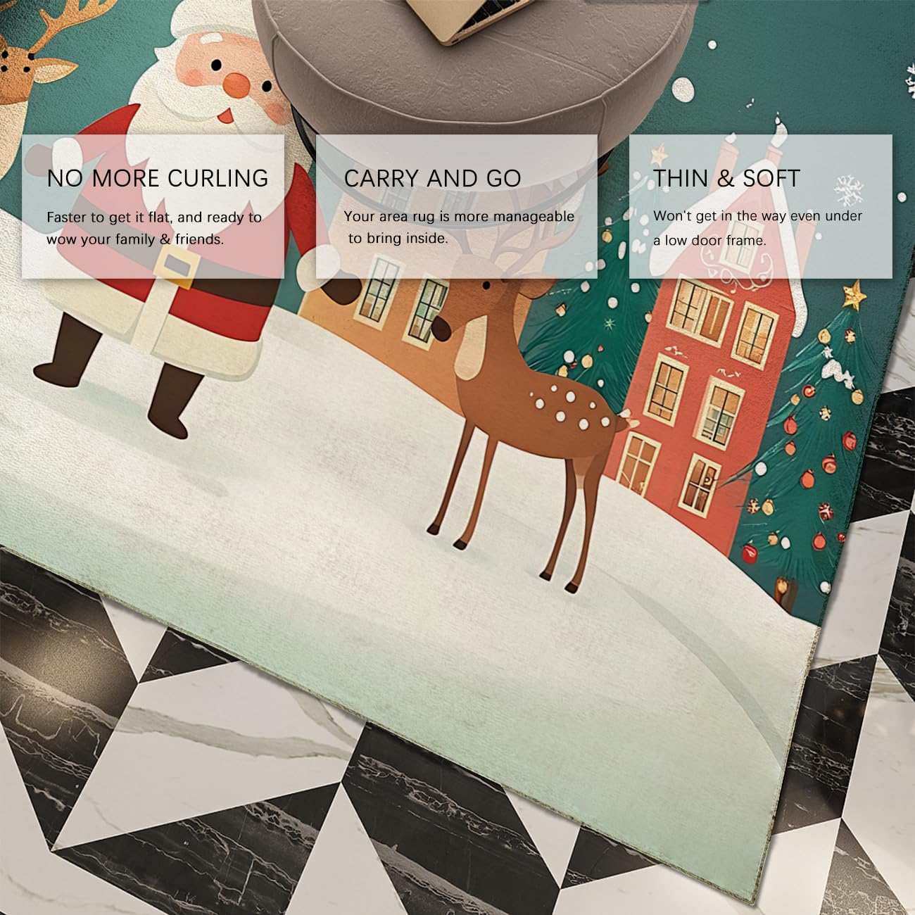 Winter Village 140x200cm Santa and Renifer Area Rugs With Print Rug Low Hair Decor Christmas Washable Soft for Bedroom Entry Room Nursery