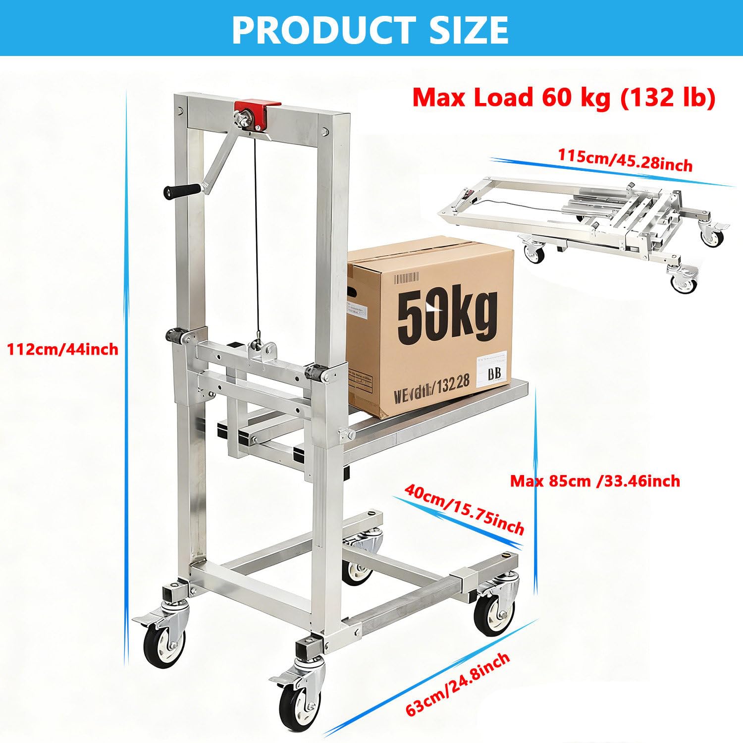 Manueller Hubwagen – 60 kg Kapazität, 17–85 cm verstellbare Höhe, faltbares Design für Lager, Fabrik und Büro