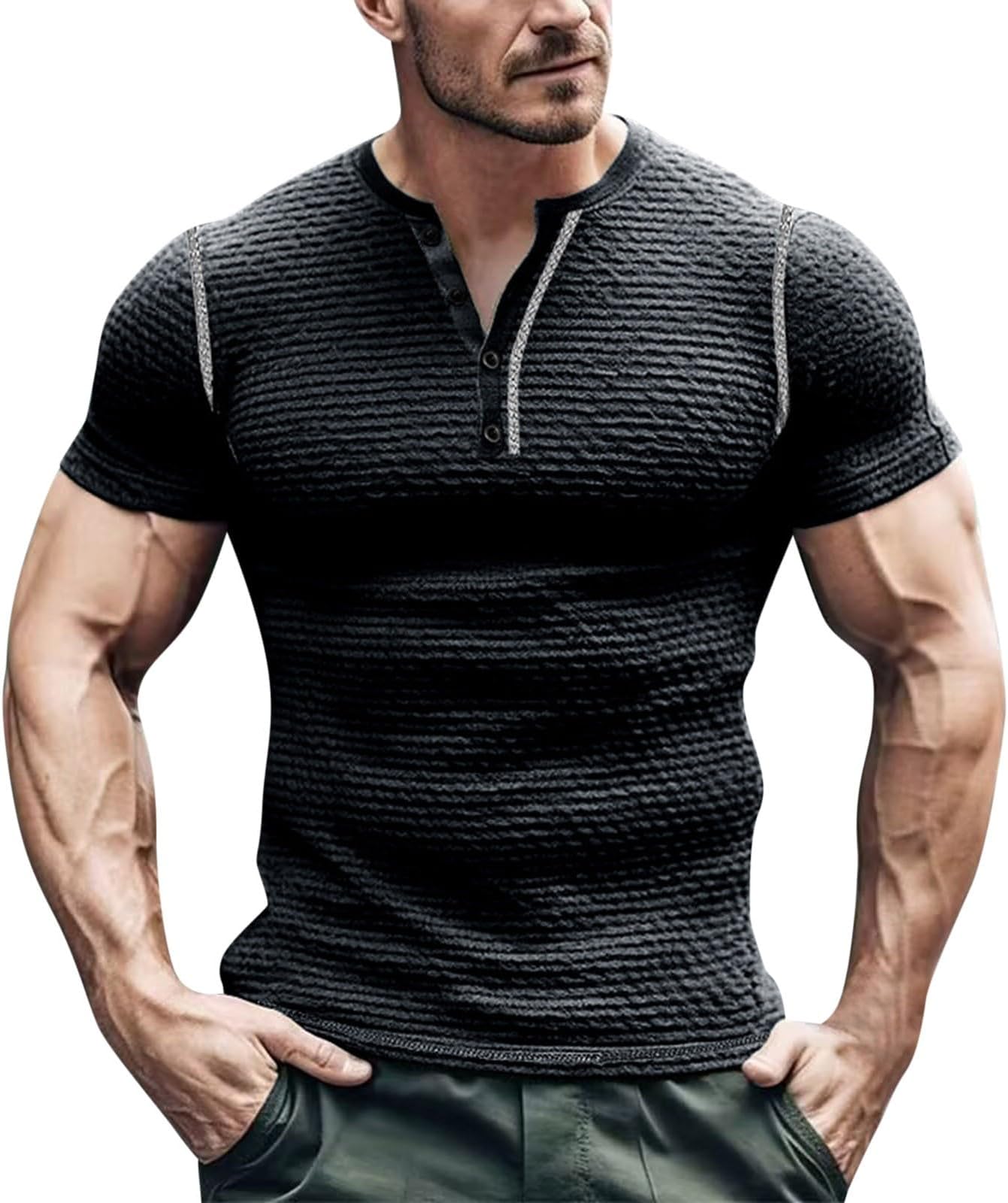 JUNGEMen's Casual Henley Shirts Slim Fit Undershirts T Shirt Bottoming Shirt Solid Color Jacquard Button Up Top Fall Clothes