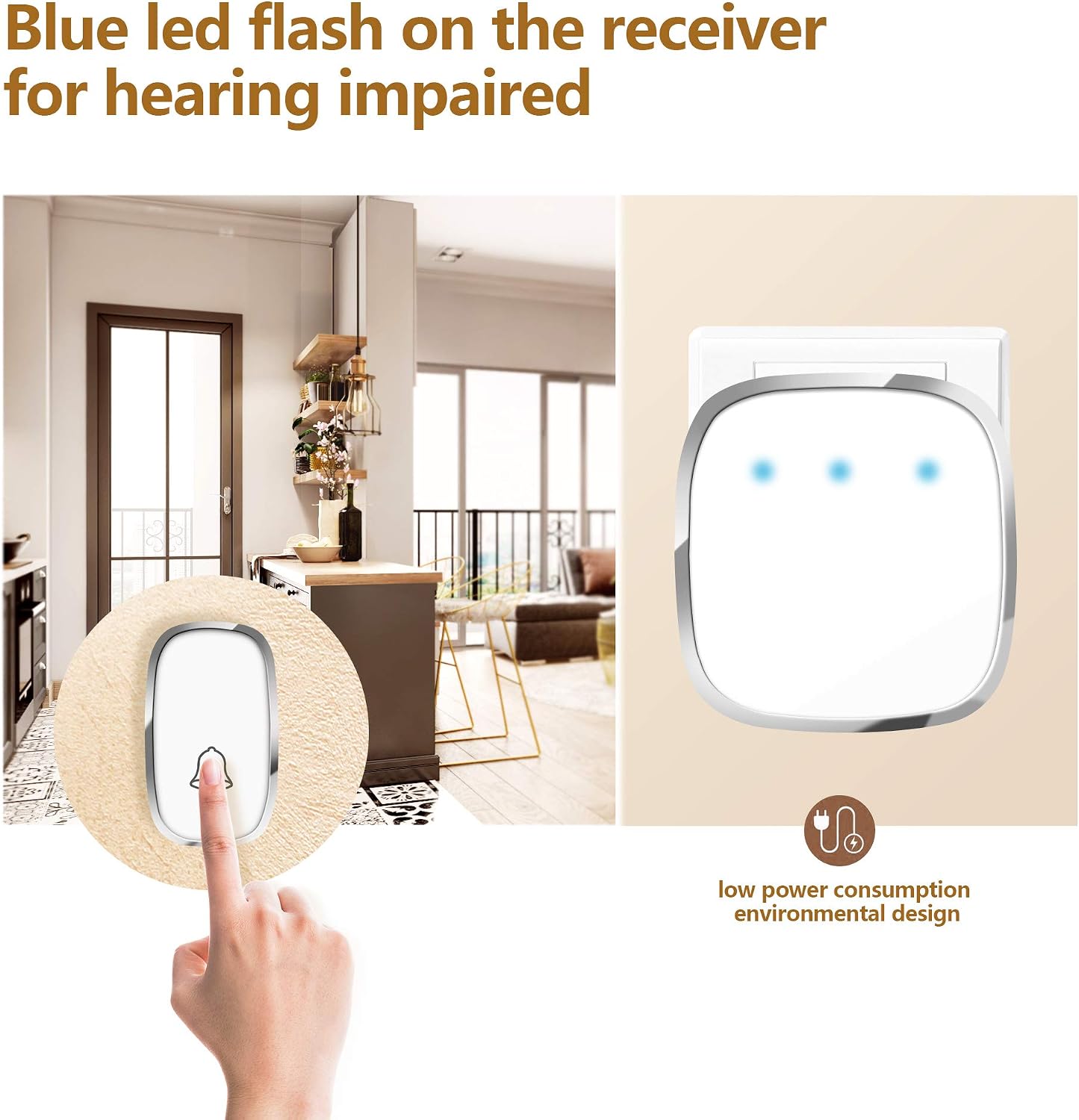 Wireless Doorbell,Waterproof Wireless Door Bell Chime Kit with LED Light, 1 Receiver and 1 Push Button,1000 Feet with 36 Melodies, 4 Volume Levels,White