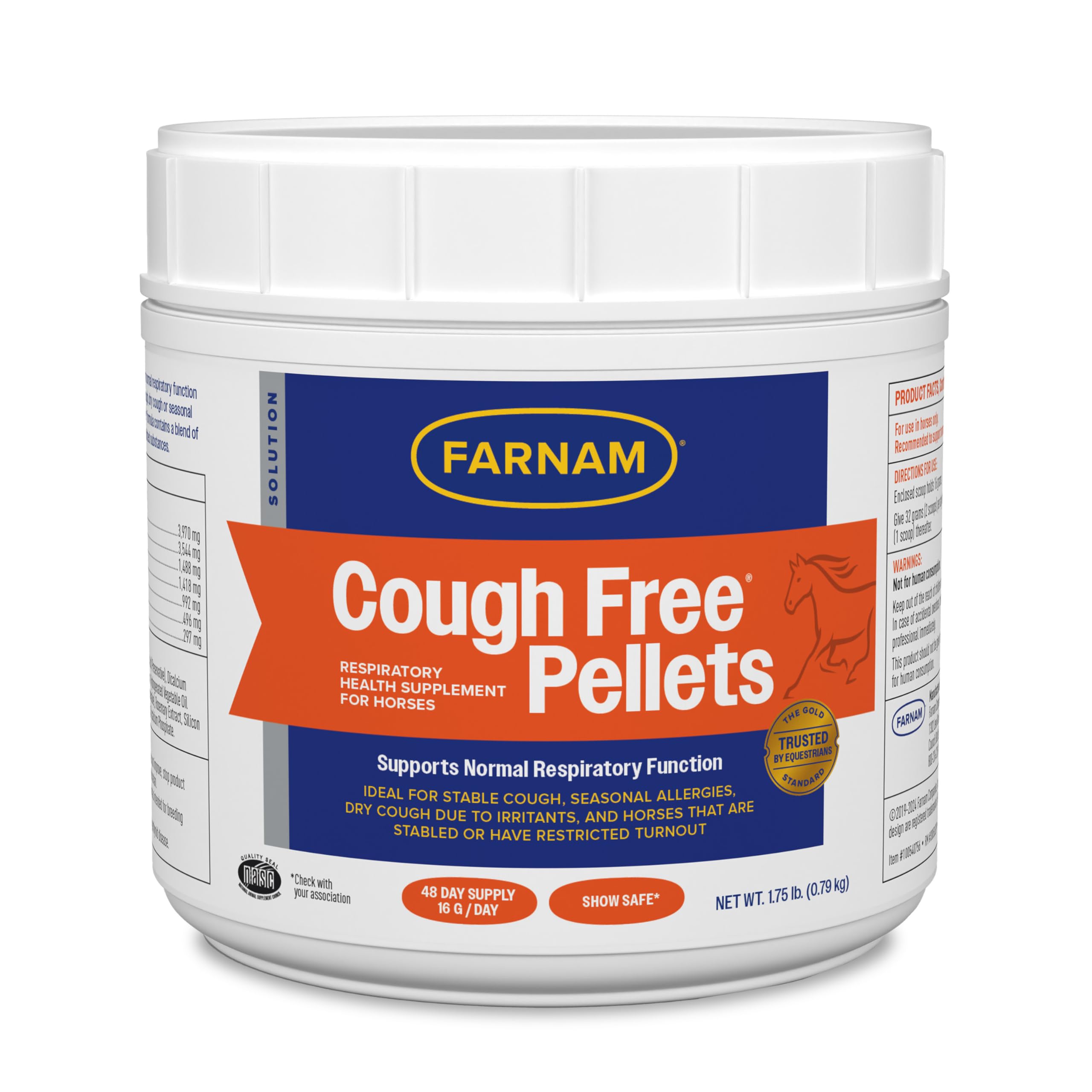 Farnam Cough Free Horse Cough Supplement Pellets, Provides Respiratory Support for Horses W/Seasonal Allergies or Stable Cough, 1.75 lb, 48 Day Supply