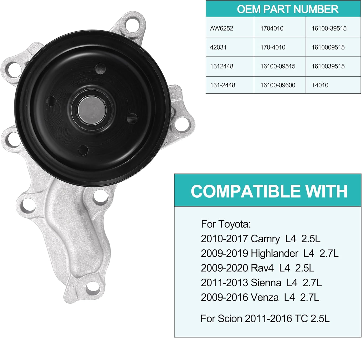 AULINK AW6252 Water Pump (2.5L 2.7L) For Toyota Camry 2010-2017,RAV4 2009-2020,Highlander 2009-2019,Sienna 2011-2013,Venza 2009-2016,Scion TC 2011-2016,1312448 1610009515 42031