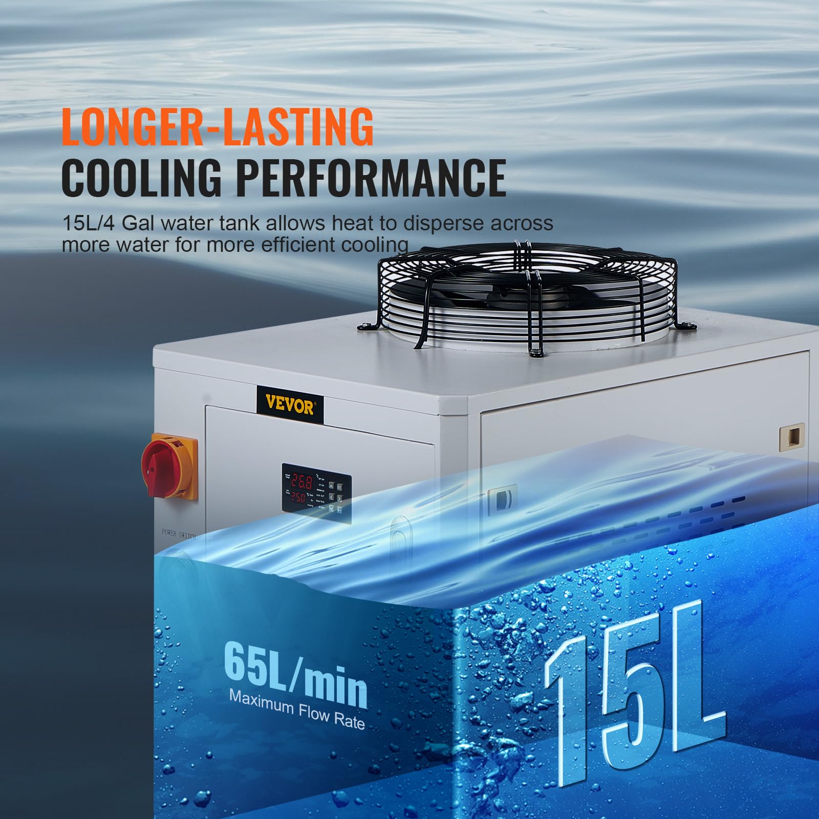 VEVOR Refrigeratore d'acqua industriale, CW-6000, sistema di raffreddamento 1500 W con compressore, capacità del serbatoio dell'acqua da 15 litri, portata di 65L/min, per macchina incisione laser