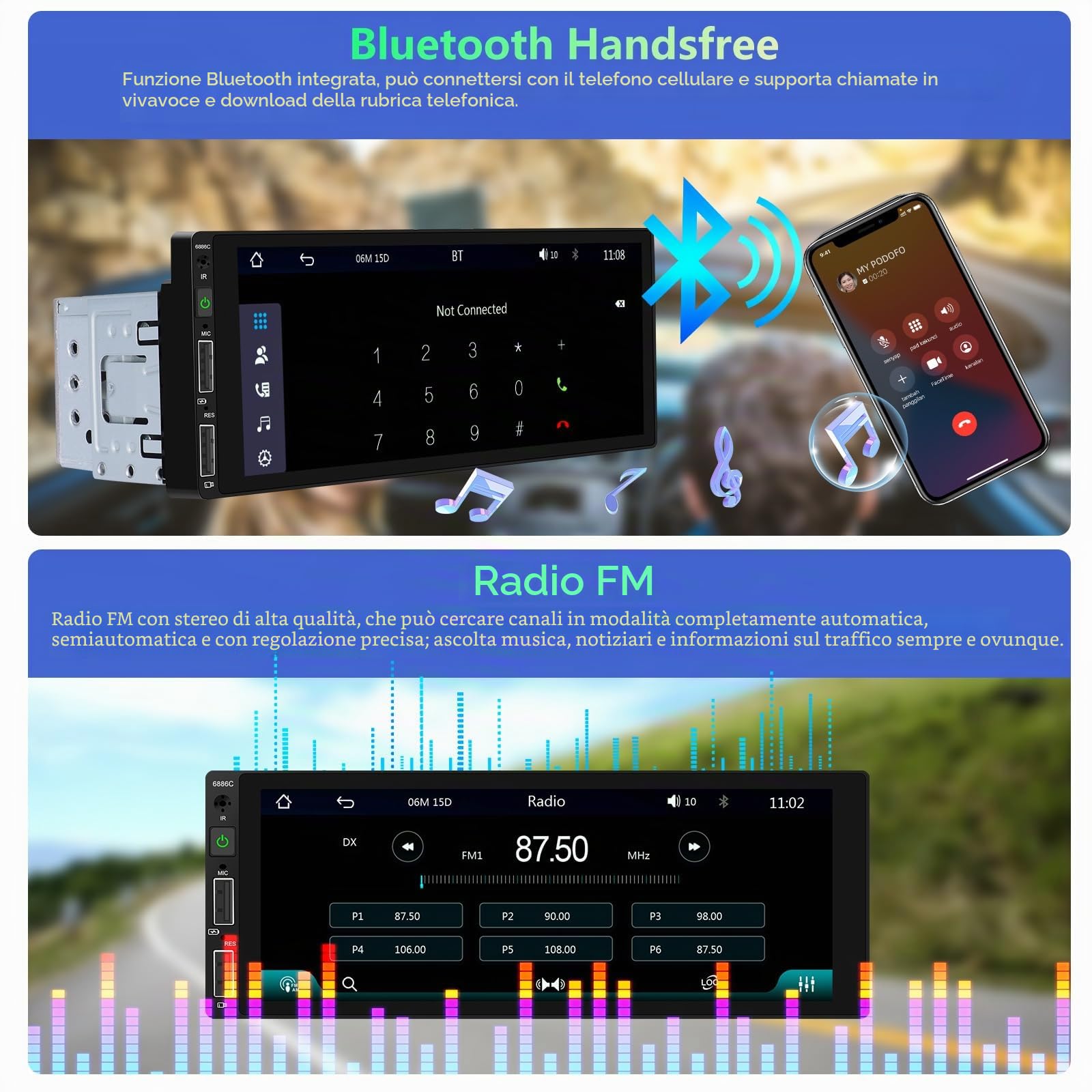 Podofo Autoradio 1 Din con Carplay Bluetooth Android Auto, Auto Radio con 6,86 Pollici Schermo Supporta Connessione Specchio FM, Telecamera Posteriore e Microfono
