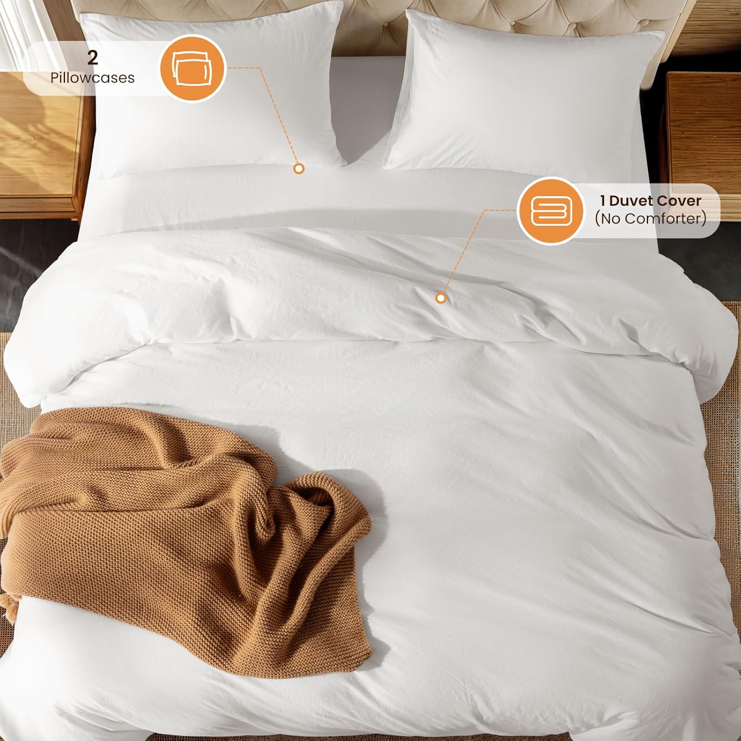 LBRO2M 100% Washed Cotton Duvet Cover Set 3 Pieces Cotton Duvet Cover Set 2 Pillowcase 1 Soft Duvet Cover with Zipper (Ivory, King)