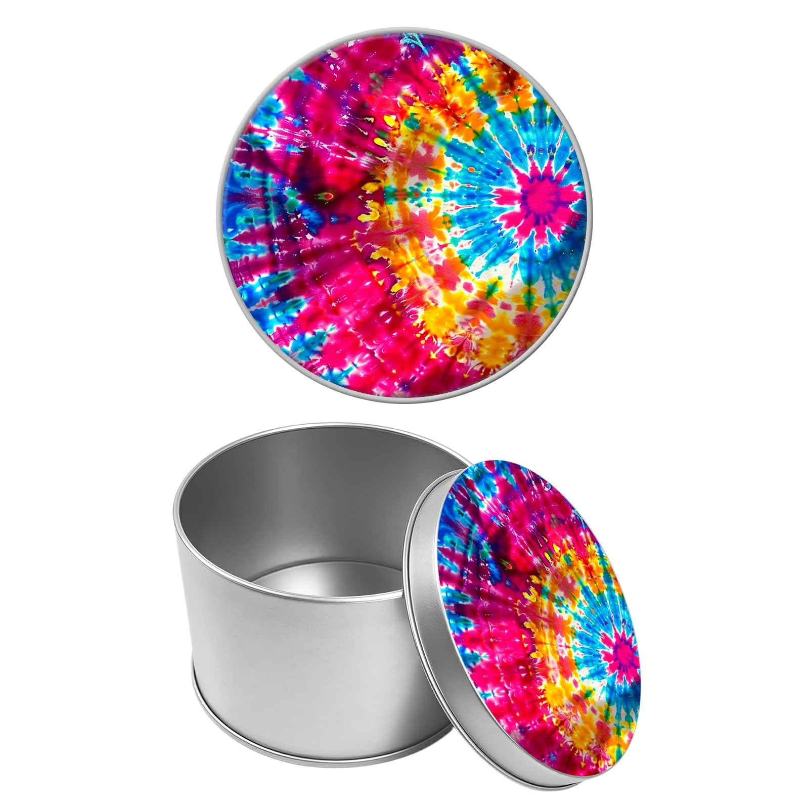 Round Metal Tin Container with Removable Lid, Abstract Rainbow Flowers Durable Metal Storage Box for Cookies Spices Tea Candies Cakes Jewelry Cosmetics 3.54 x 2.36 inch– Single Pack