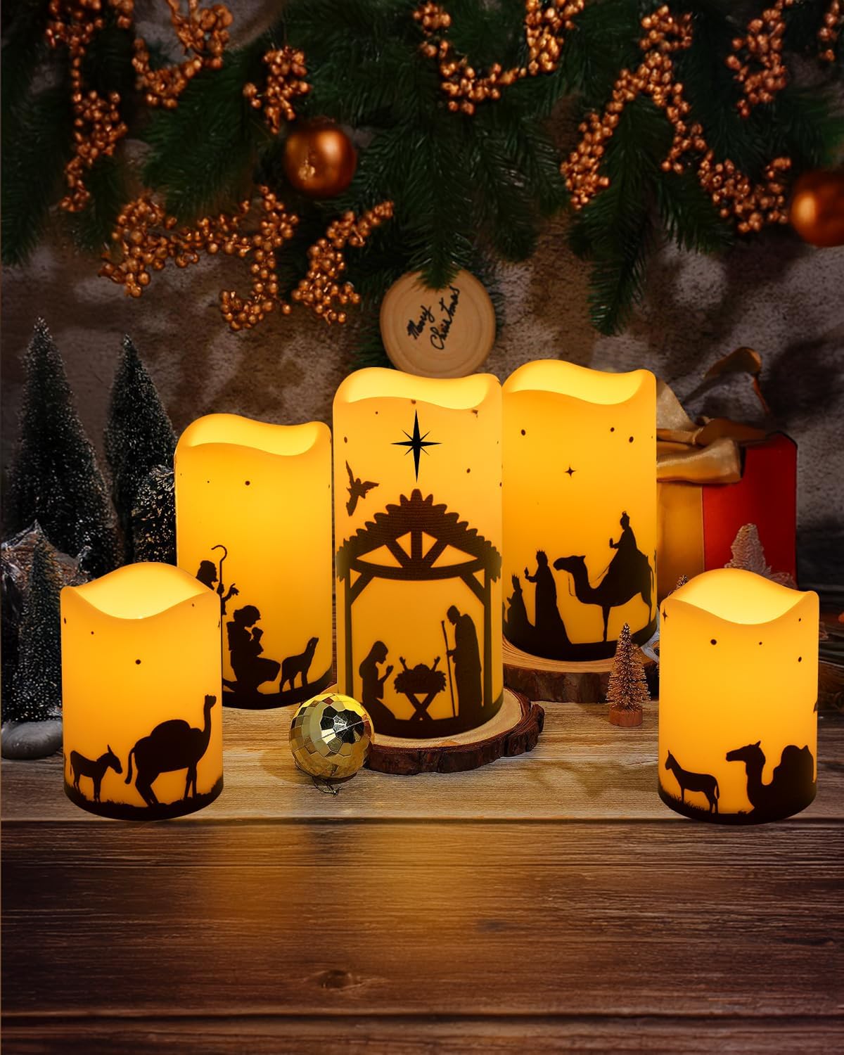Christmas Nativity Scene Decorations Candle LED Flameless Candles with Timer for Xmas Holiday Home Decor Supplies Set of 5 (Beige)