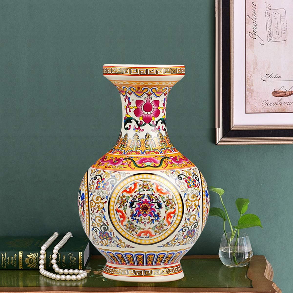 fanquare Jingdezhen Keramik Vase mit Gelbe und Rot Blumen Motiv, Handgefertigte Dekorative Porzellan Blumenvase, Höhe 25cm