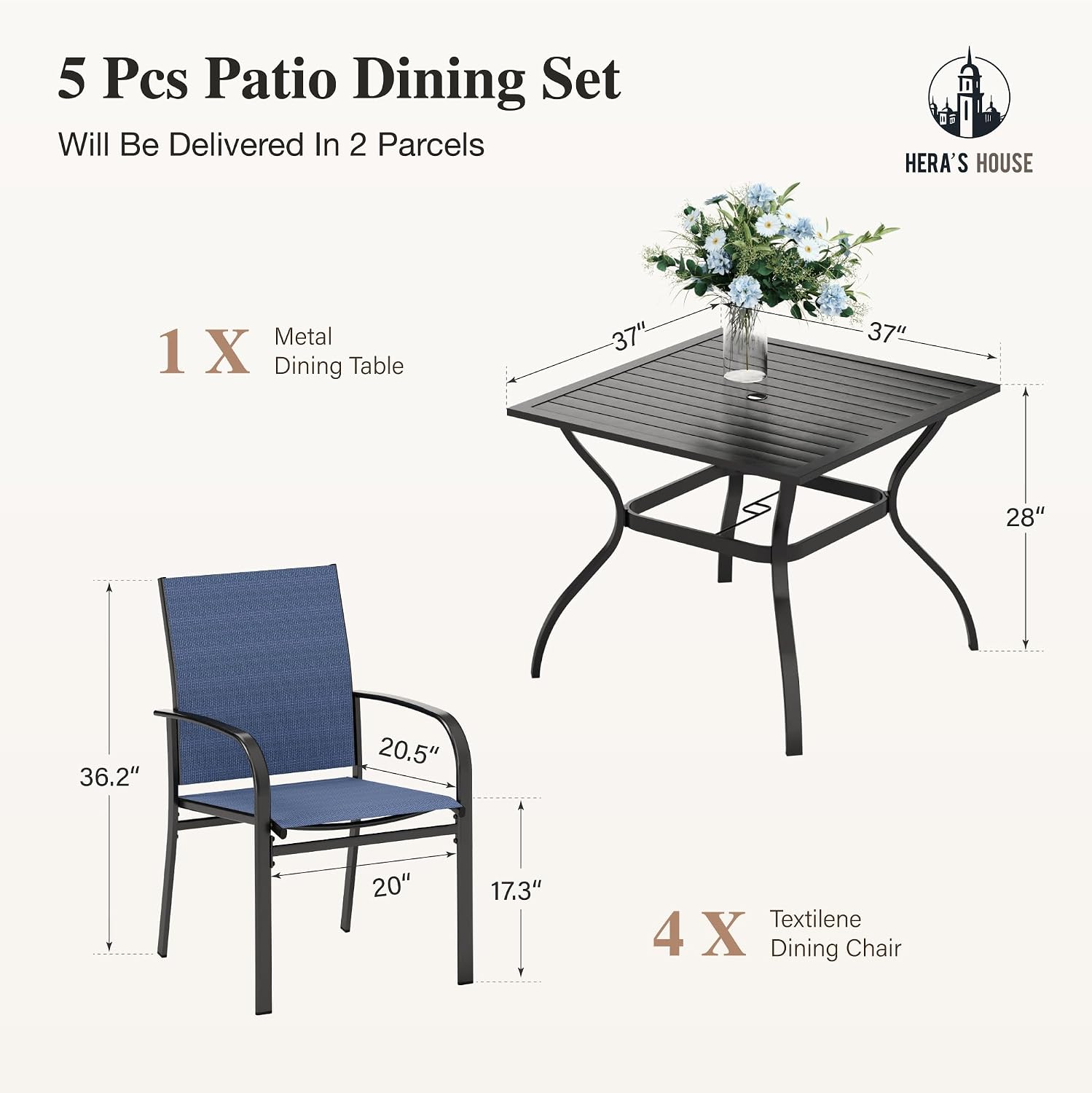HERA'S HOUSE Patio Table and Chairs for 4, 5 Pieces Outdoor Deck Dining Furniture Sets, Square Metal Dining Table Set with Chairs for Lawn Garden Backyard, Blue