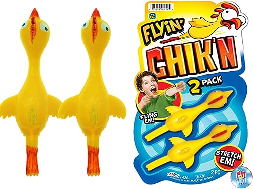Flyin' Chik'n - Eslinga de pollo de goma (1 paquete de 2 unidades) por JARU. Pollo volador. Juguete de eslinga para niños y adultos. Recuerdos de