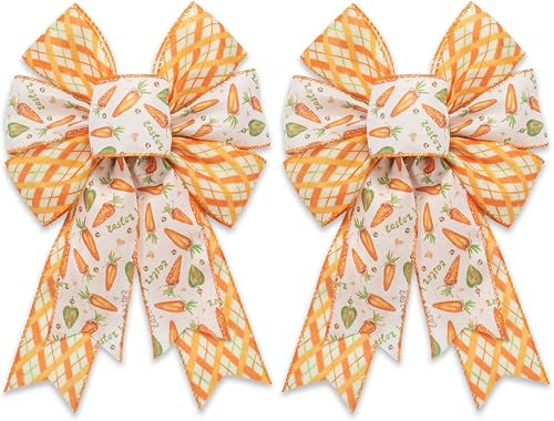 Hying 2 Pieces Easter Carrots Bows for Wreath, Yellow Orange Stripes Wreath Bow Farmhouse Burlap Craft Bows for Front Door Easter Party Decorations Supplies
