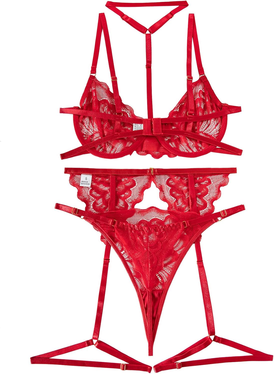 Lilosy Sexy Choker Floral Lace Scallop Sheer Underwire Push Up Garter Belt Lingerie Set 3 Piece - Image 6