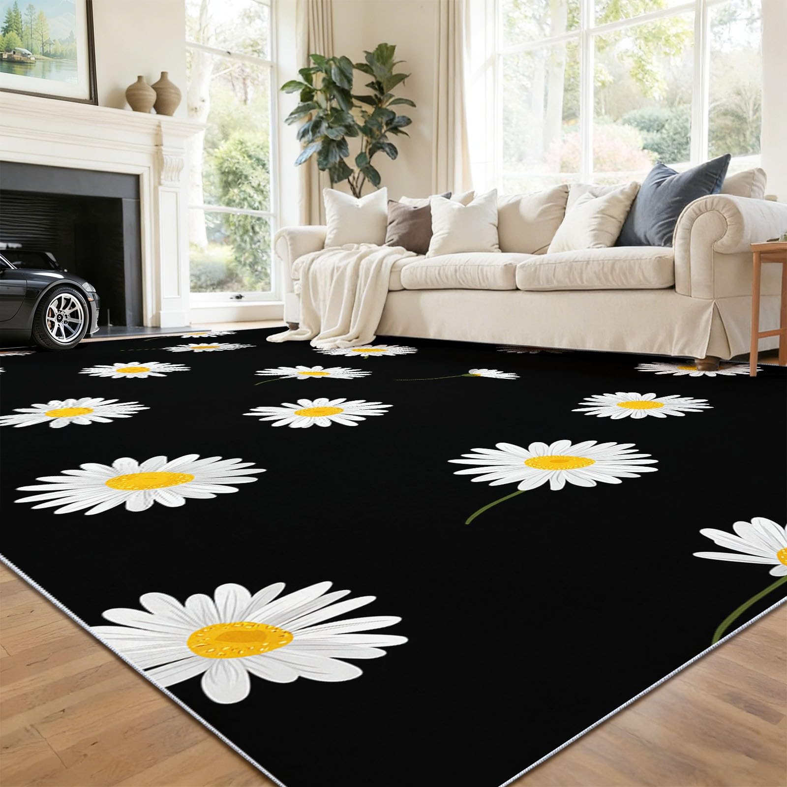 Dywan można prać w pralce, przy wejściu, 160 x 230 cm, dywan w stylu nordyckim, stokrotka, dywan botaniczny, czarny, biały, niski runo, nie gubi włosia, do wizualnego kontrastu, uporządkowany dywan w