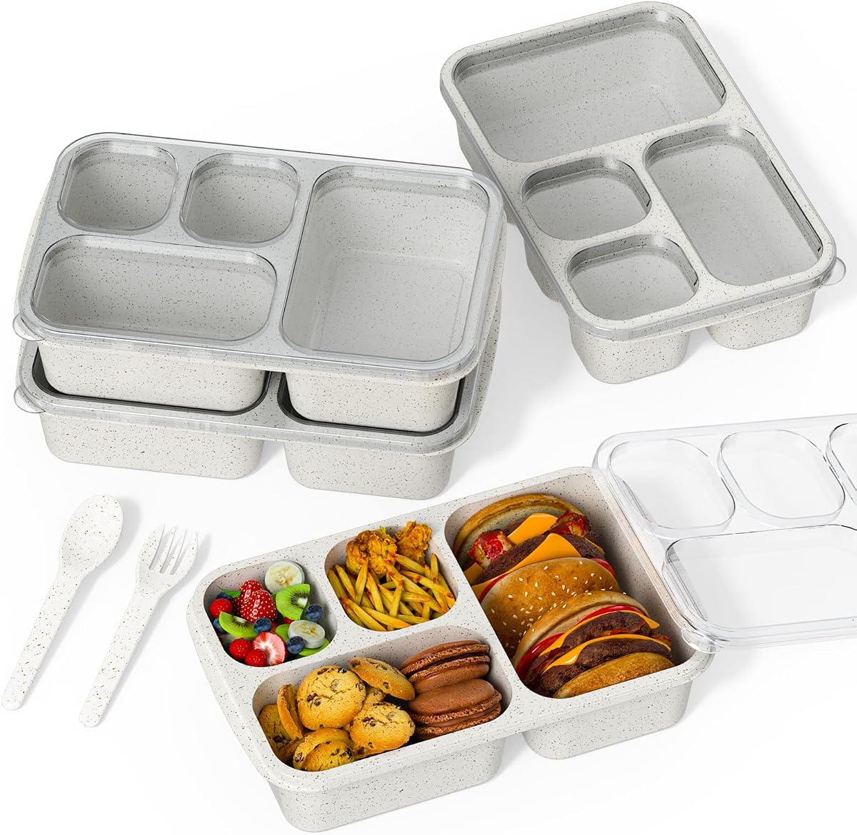 Large Capacity Bento Box for Adults, 4-Piece Set – Stackable Lunch Box with 4 Compartments, Microwave & Dishwasher Safe, Reusable Meal Prep Containers, Snack Containers for Kids & Adults (White)