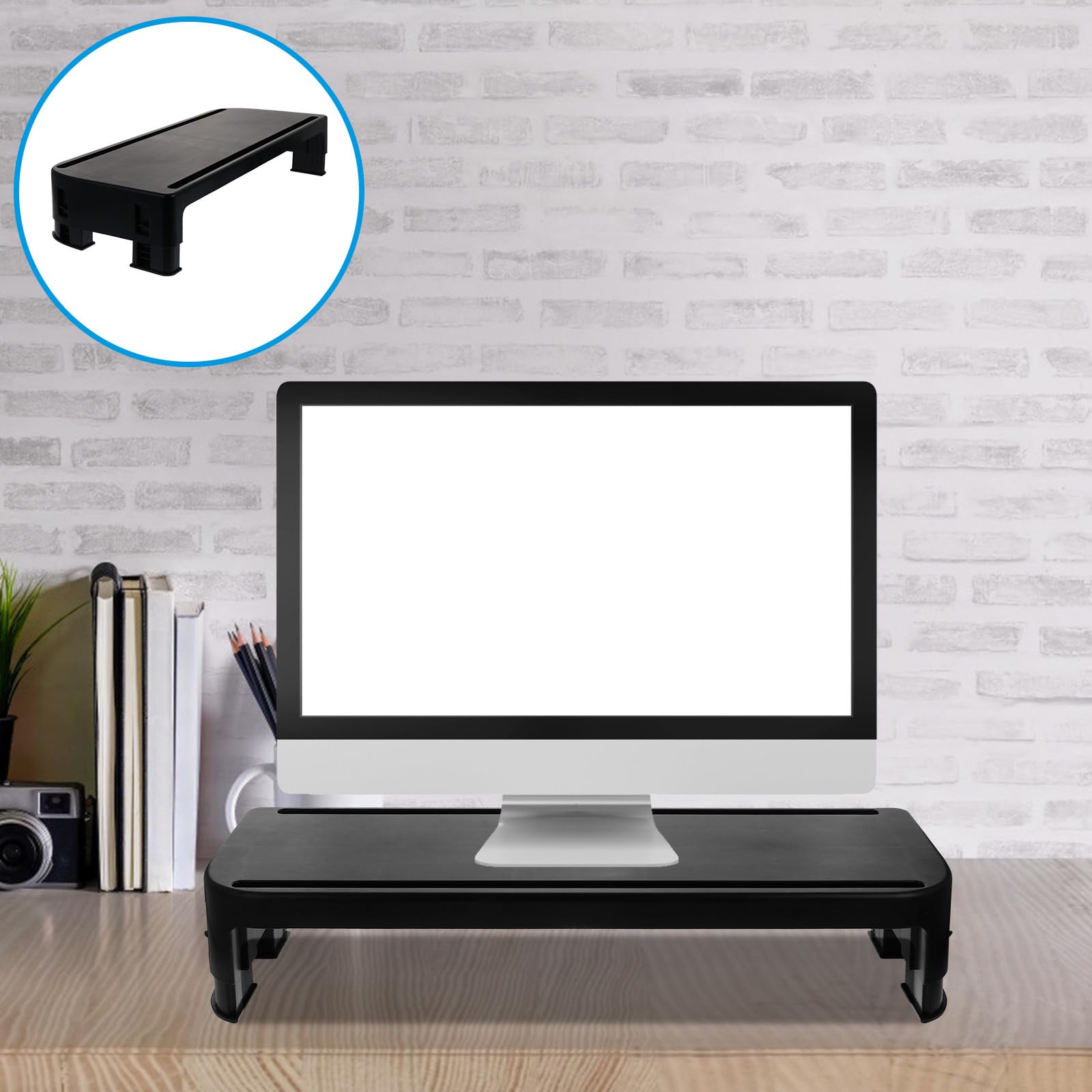 Supporto per Monitor del Computer Regolabile in Plastica Nero, Scaffale Alza Monitor per Organizzare Scrivania Posizionamento Stabile, per Ufficio