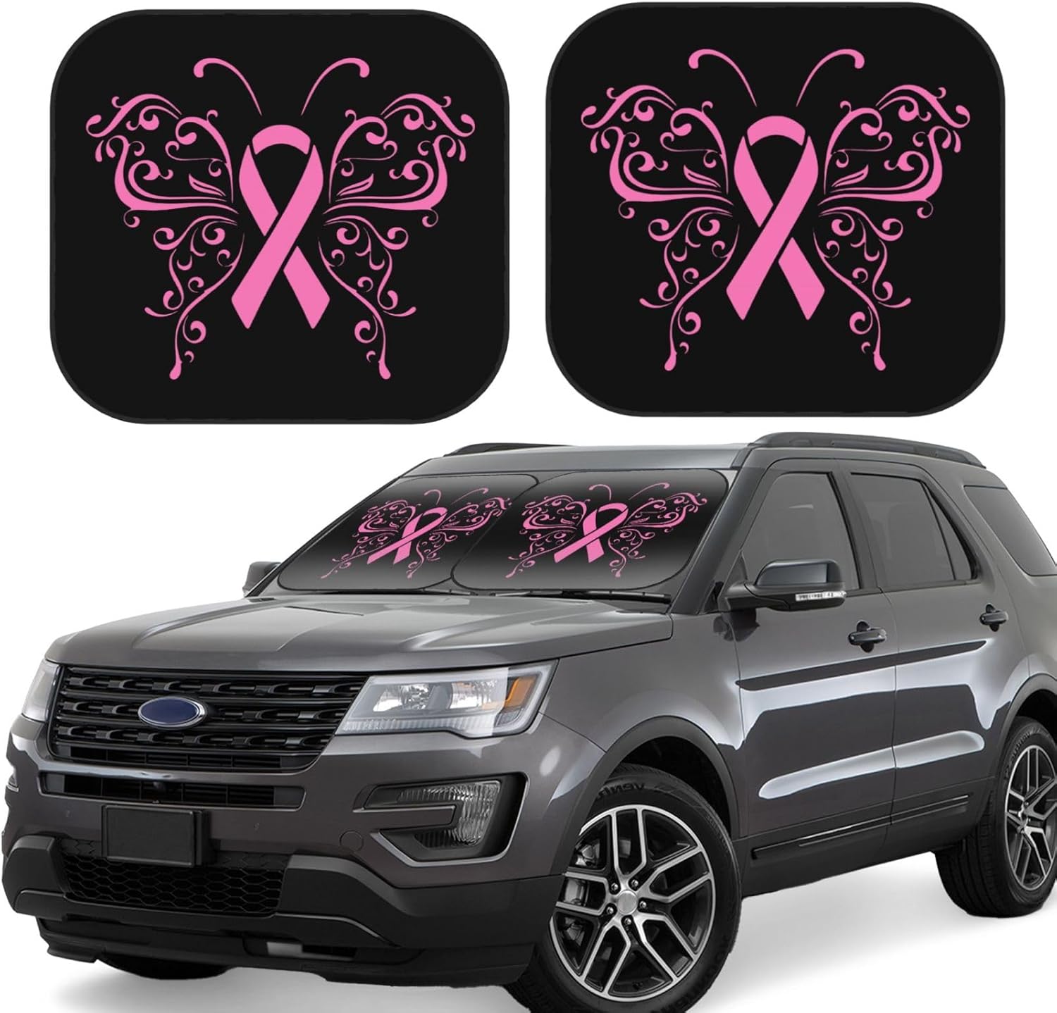 Pink Ribbon Butterfly Breast Cancer Car Windshield Sun Shade Foldable 2-Piece Car Sunshades Reflect UV Sun and Heat