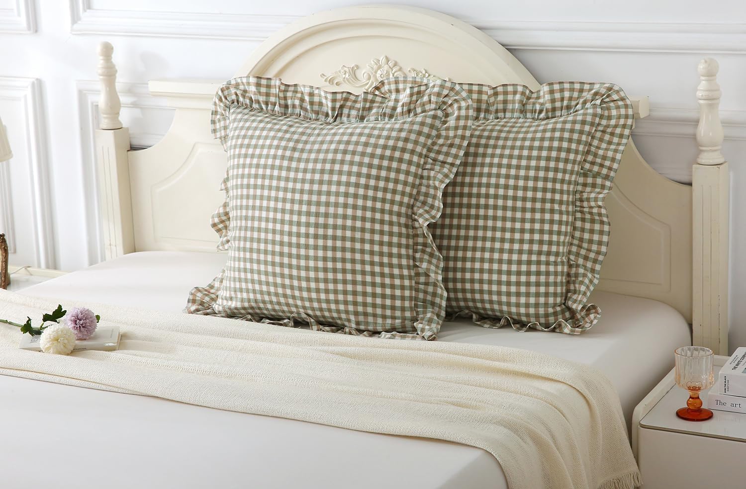 2 Pack Sage Green Plaid Ruffle Throw Pillow Covers 18x18 inches, 100% Washed Cotton Gingham Checkered Farmhouse Pillow Shams for Bed/Sofa (18x18 inches, Sage Green Gingham)