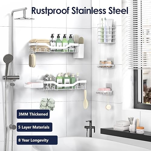 Miniatura 5 de Organizador de ducha adhesivo para ducha, paquete de 7, estantes de baño de acero inoxidable a prueba de óxido, gran capacidad, accesorios de