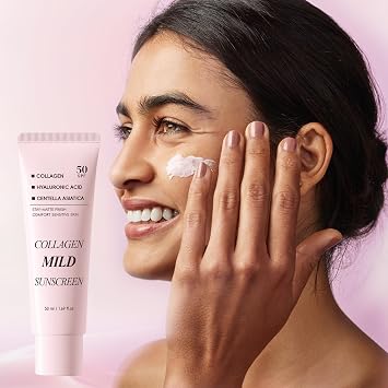 Collagen Mild Centella Sunscreen SPF 50 for Face, Broad Spectrum Protection, Hydrating Facial Sunscreen with Peptides & Cica, Lightweight Non-Greasy, No White Cast, Natural Glow, Travel Size (1PC)