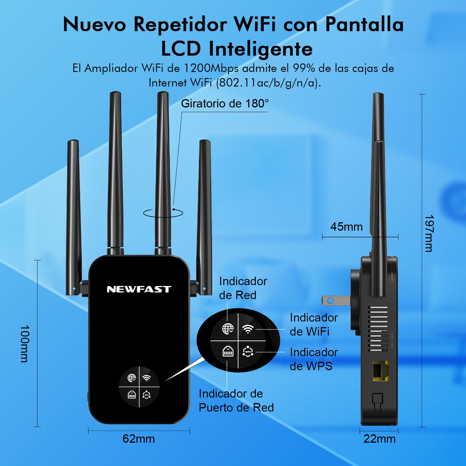 NEWFAST Repetidor WiFi AC1200 Amplificador Señal WiFi 5GHzy2,4GHz Amplificador Wi-Fi, 4 * 3dBi Antenas, Punto de Acceso con Cobertura de 360°,Extensor Wi-Fi (Negro)