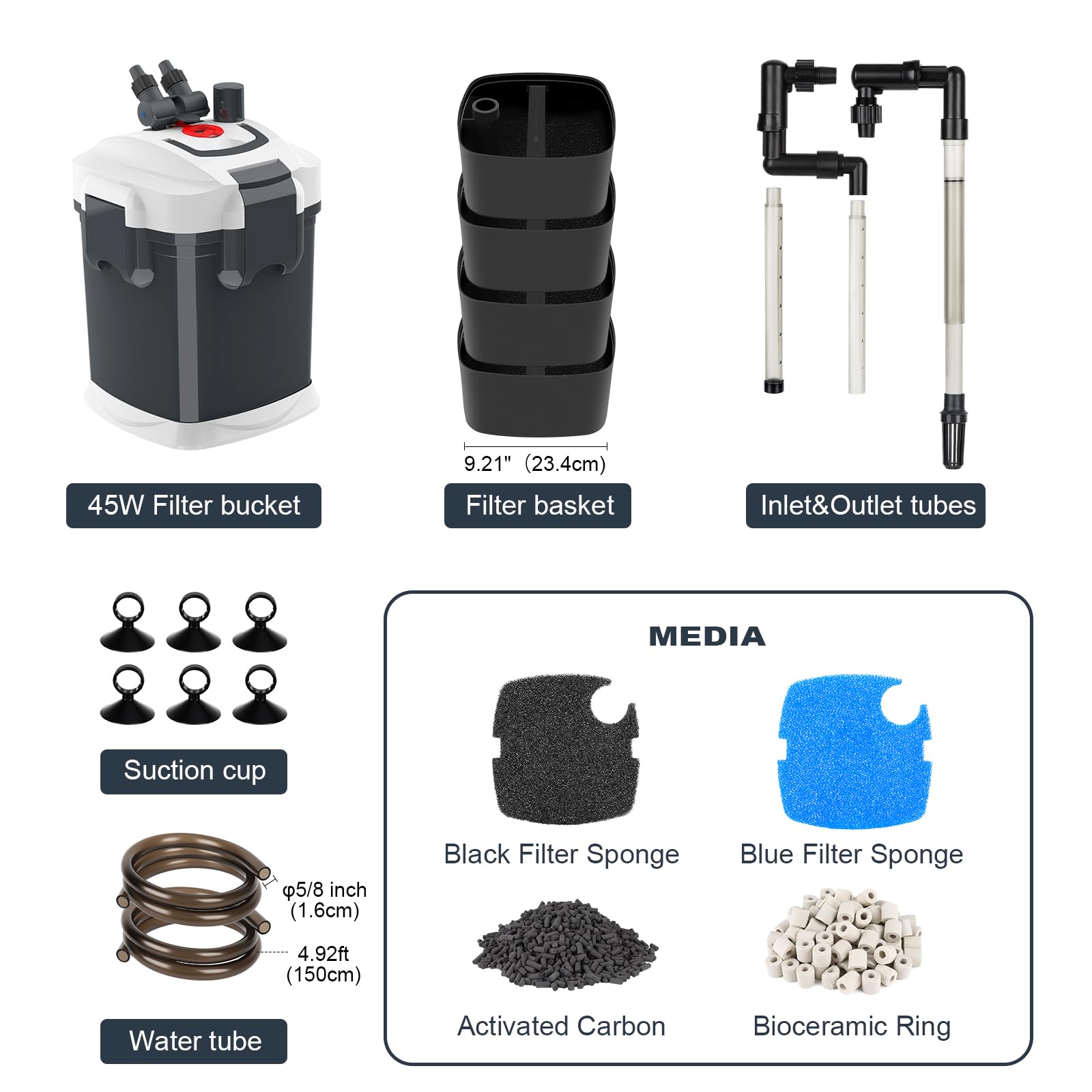 Filtro externo para peceras ultra silencioso, recipiente de filtro externo para acuario con medios de filtro, cartucho de filtro de acuario incluye esponja, biobola, carbón activado, 45 W