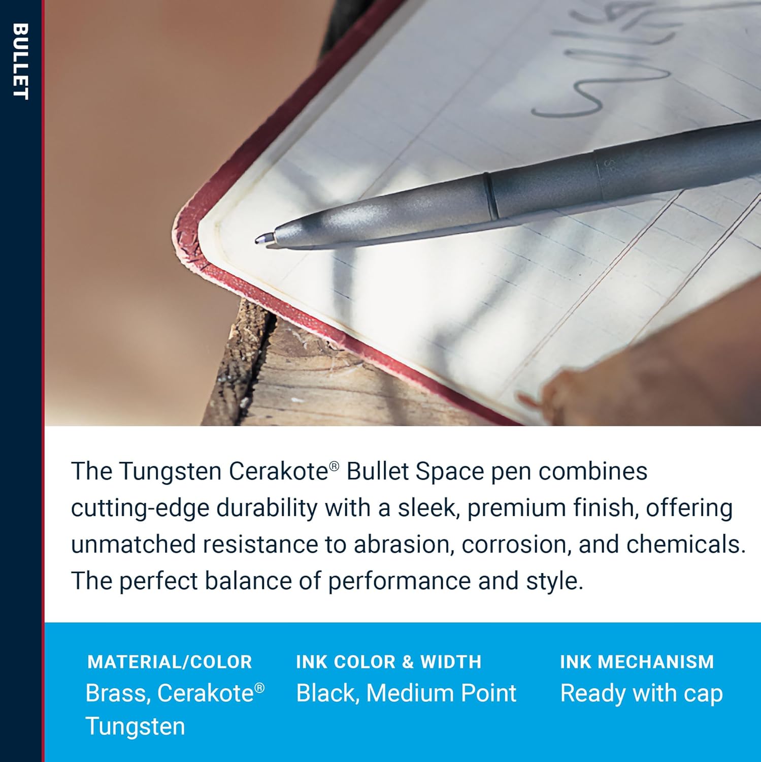 Fisher Space Pen Tungsten Cerakote Finish Bullet Pen, Pressurized Ballpoint Pen, Compact Size, Writes Upside Down, Extreme Temperatures, Black Ink, Medium Point, Made in the USA