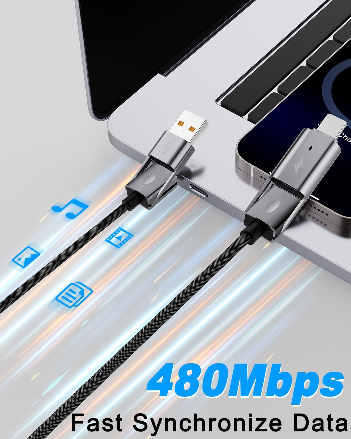 Cable USB C 4 en 1, paquete de 2 cables de carga multirápida trenzados redondos de 6 pies, PD 65 W 27 W, transferencia de datos de 480 Mbps, compatible con iPhone/iPad/Samsung/MacBook