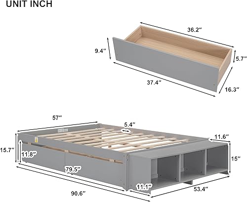 Miniatura 2 de Lakifun Cama de plataforma de tamaño matrimonial con estuche de almacenamiento y 2 cajones, marco de cama de madera maciza con listones de soporte