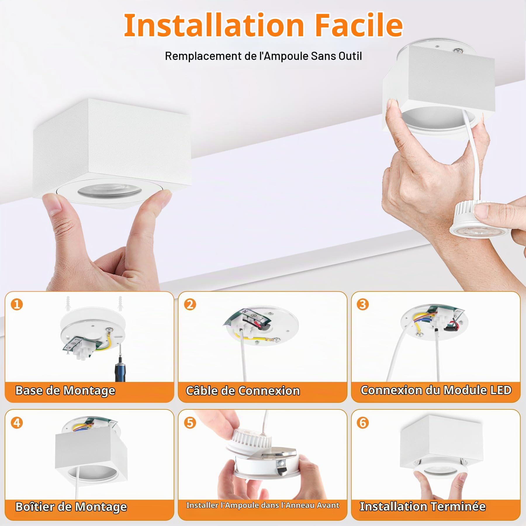 2x Spots de plafond Blanc, Carré, Dimmable, IP44 salle de bain, Spot plafonnier plat Ø80x50mm, Comprend module LED remplaçable de 5W 550LM, 3CCT 3000K/4000K/6500K aluminium Spot LED en Saillie