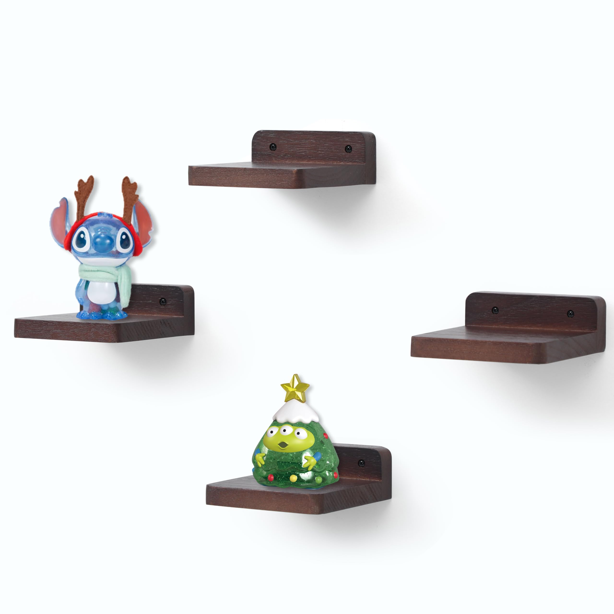 MIHORLIFE Small Floating Shelves, 10.2x10.2x4CM, Mini Wooden Wall Square Shelf, Hanging Shelf Decoration for Small Objects, Bedroom, Living Room, Set of 4(Dark Walnut)